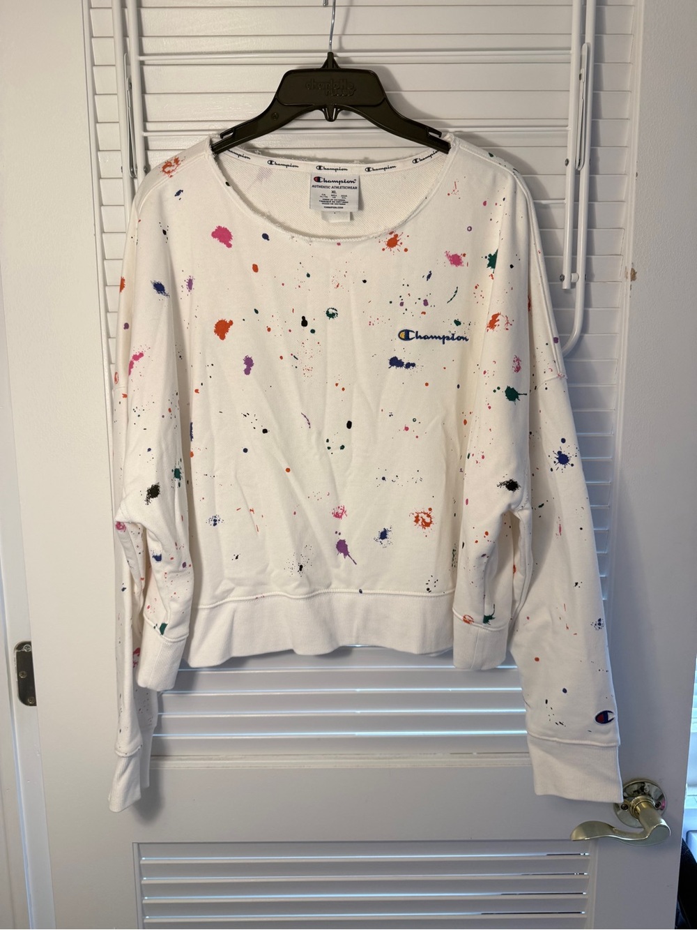 Champion White Cropped Sweatshirt with Paint-Splatter Accents